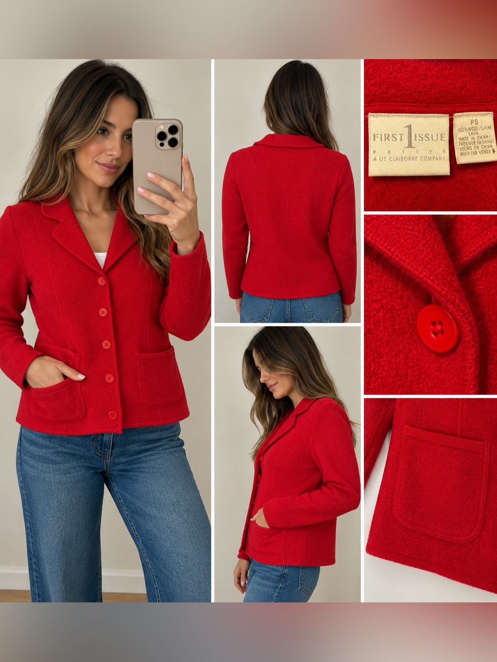First Issue Vintage 90s Red Wool Blazer Cardigan Women’s Petite Small